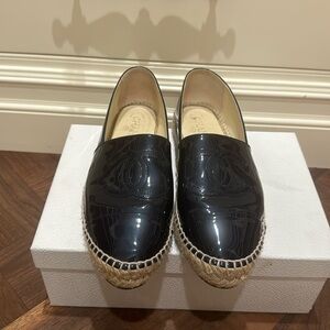 CHANEL Black Patent Leather Espadrille Flats